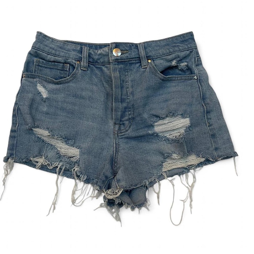 TGLA Womens High Rise Distressed Denim Shorts Button Fly Blue Size 25